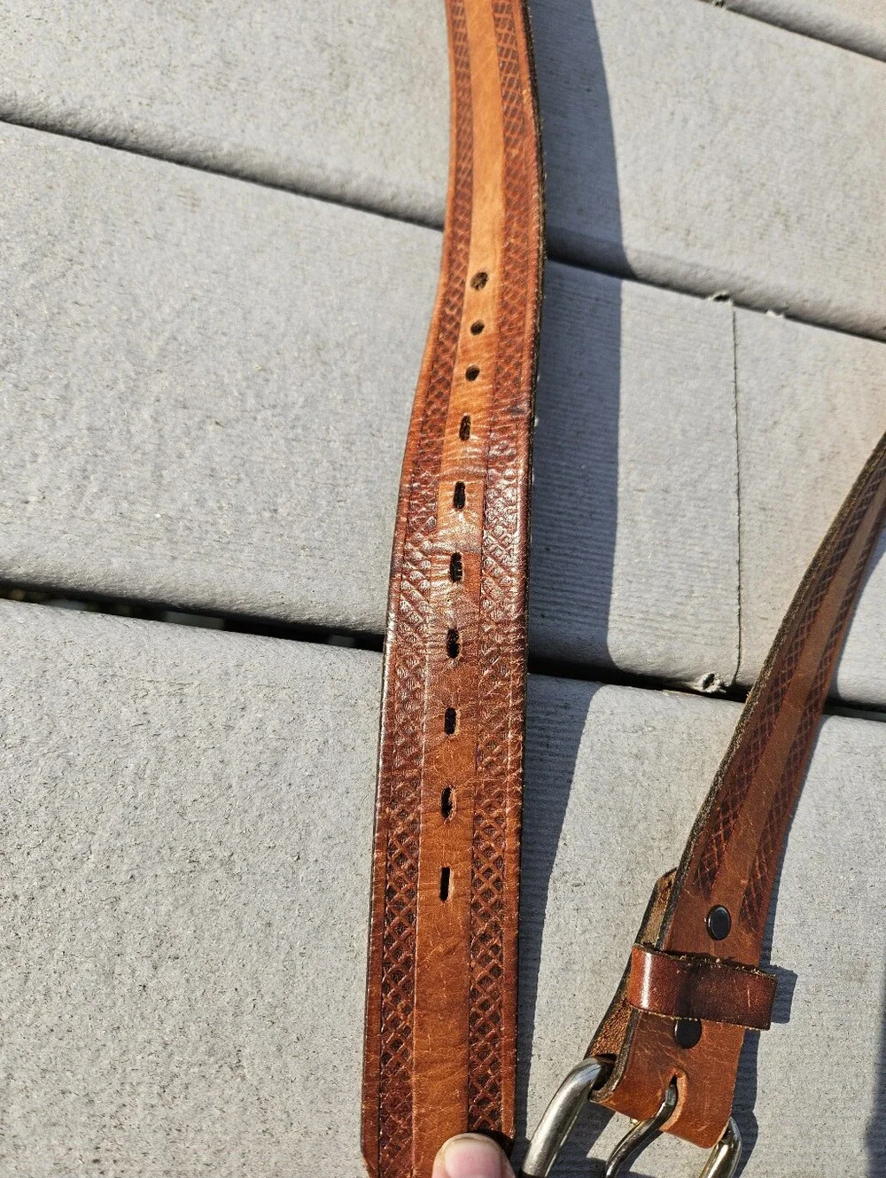 Western Tooled Leather Belt Size 42 Brown Basketweave Cowboy Rodeo Made in USA